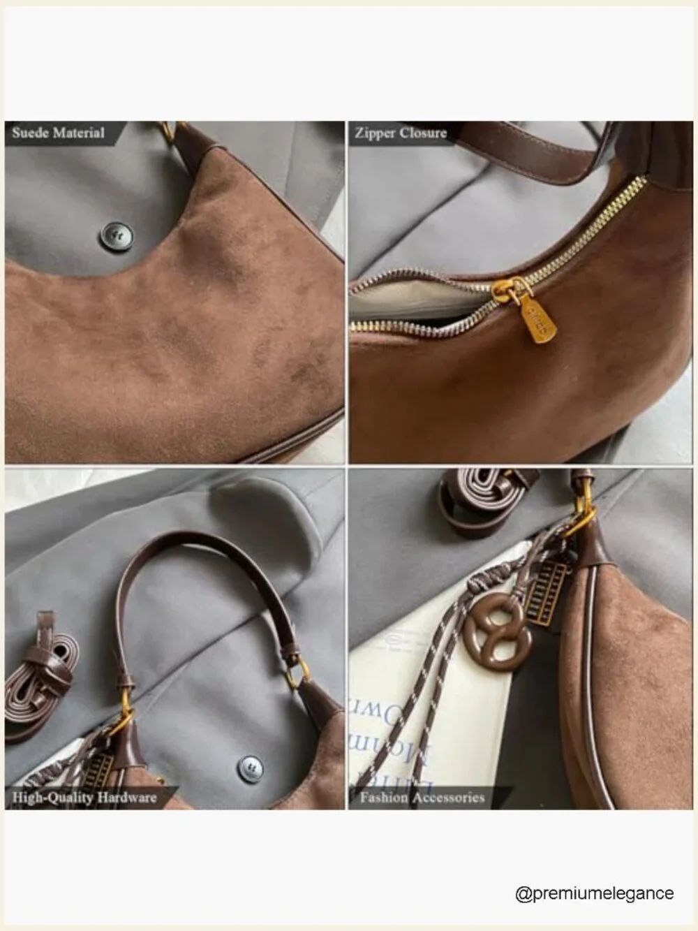 Faux Suede Hobo Crossbody Bag with Removable Charm and 2 Straps